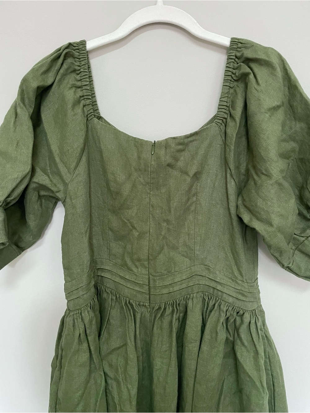 Puff-Sleeve Olive Midi Dress with Button Front - Picture 5 of 6